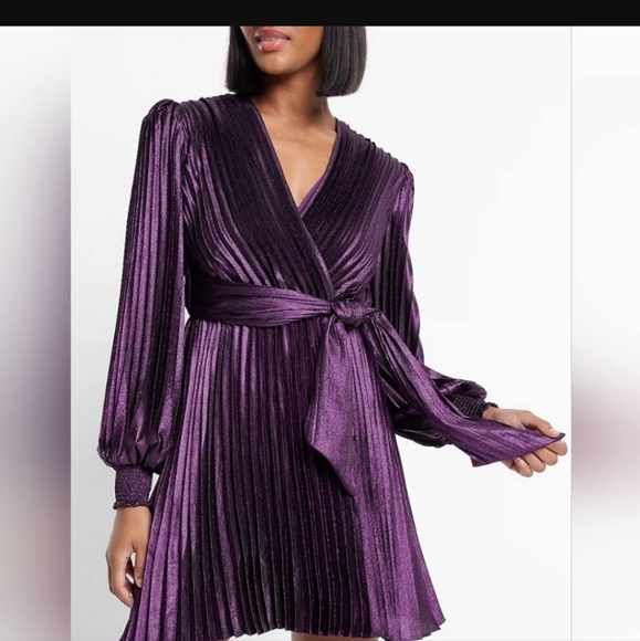 Express Metallic Pleated Mini Dress – Deep Purple, Size L - Picture 1 of 6